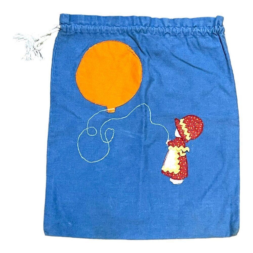 Handmade Blue Drawstring Bag With Hobbie Holly Girl & Orange Balloon Vintage